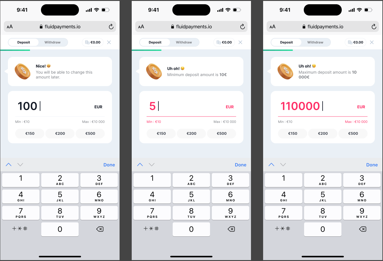 Screenshot of Wallet with min/max amount