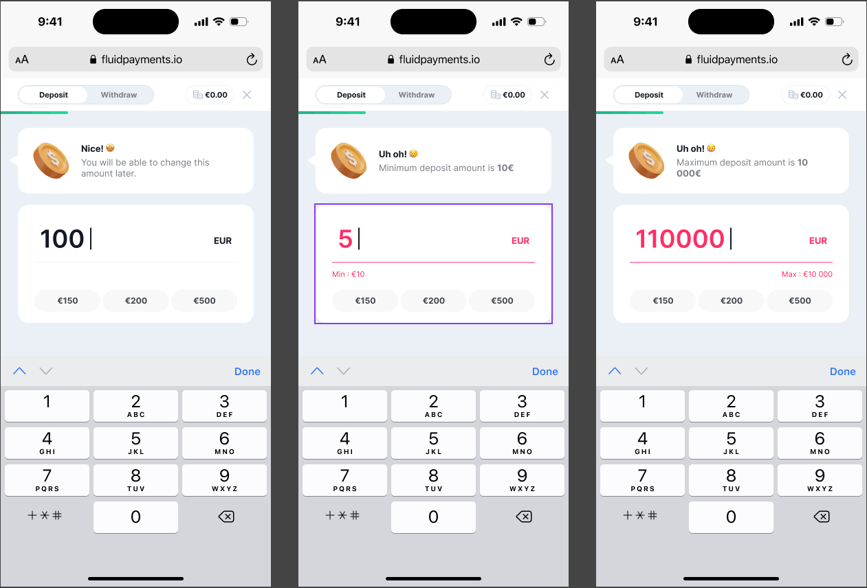 Screenshot of Wallet without min/max amount