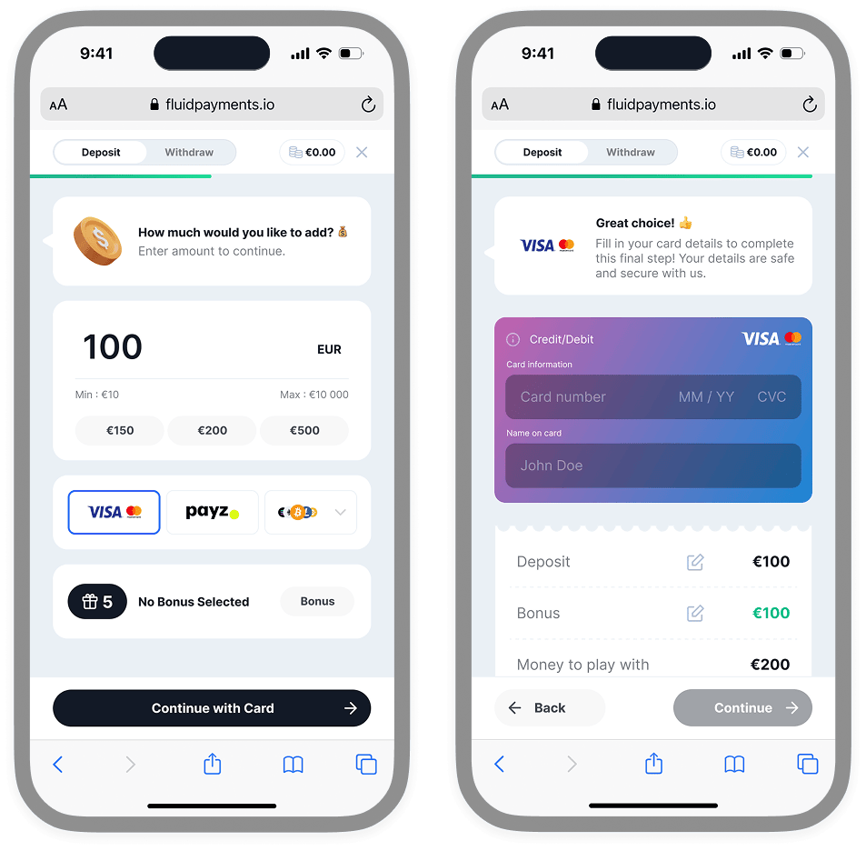 Screenshot of the Express Flow on step 1 — amount, payment method selection, and bonus combined on a single screen